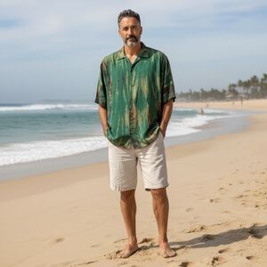 RAGA MAN Camp Shirt "Preppy Hipster" Grunge Green Brown TyeDye, NEW! Size XXL